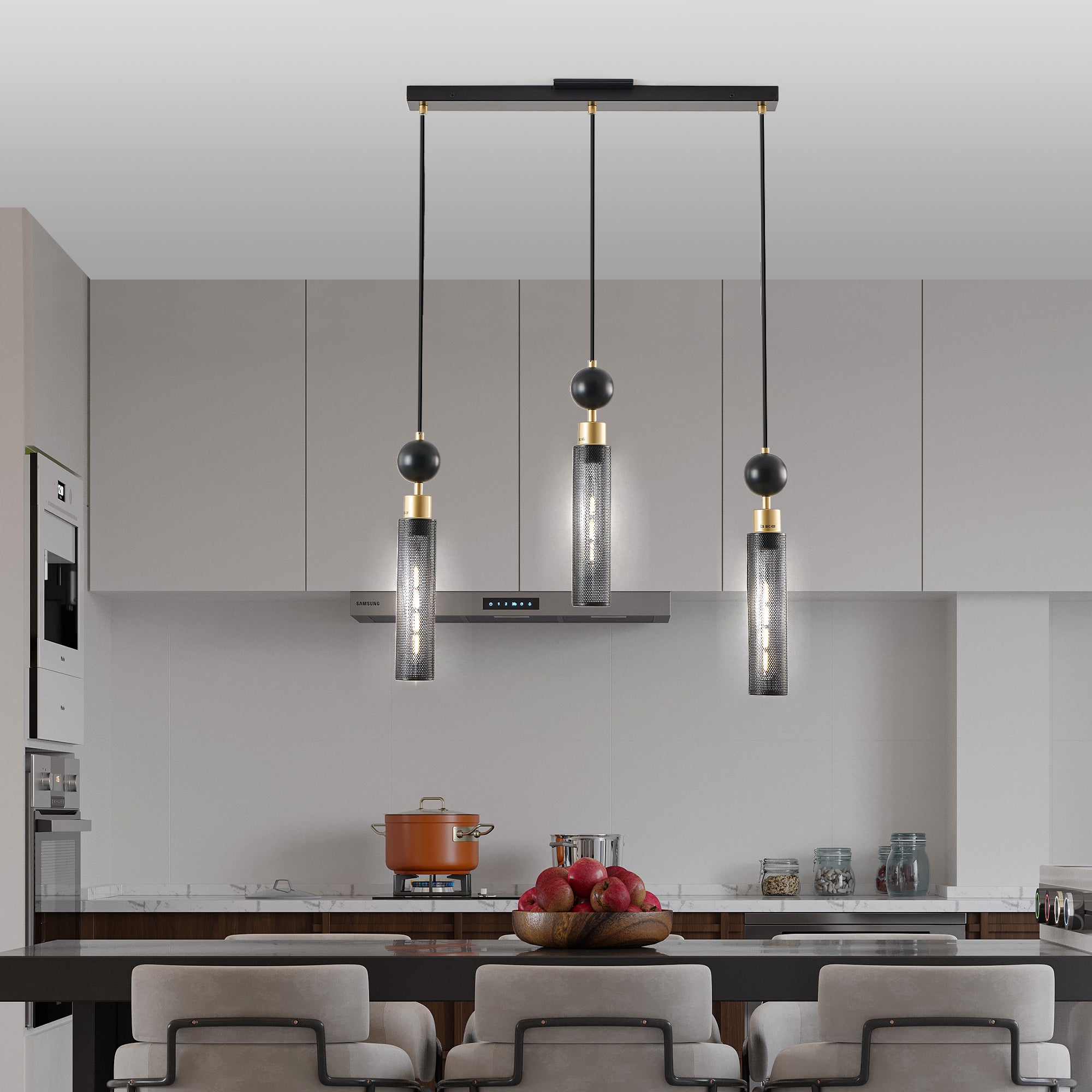 Modern Black and Gold 3-Light Pendant Chandelier, Adjustable Hanging Lights with Cylindrical Mesh Shades, E26 Base, Ideal for Dining Room, Kitchen Island, or Living Room Lighting (Bulb Not Included)
