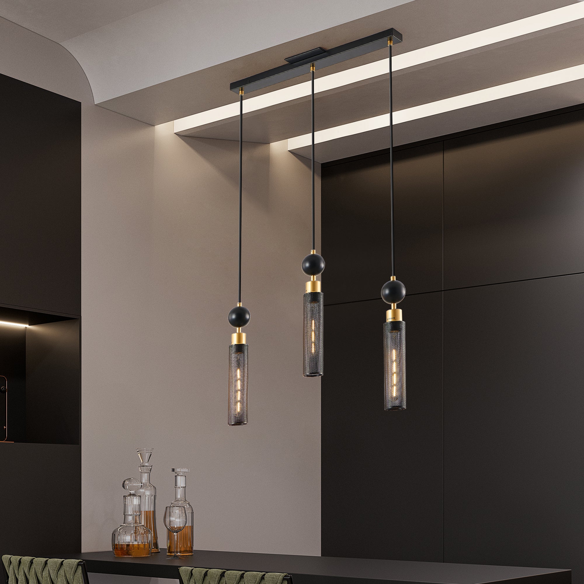 Modern Black and Gold 3-Light Pendant Chandelier, Adjustable Hanging Lights with Cylindrical Mesh Shades, E26 Base, Ideal for Dining Room, Kitchen Island, or Living Room Lighting (Bulb Not Included)
