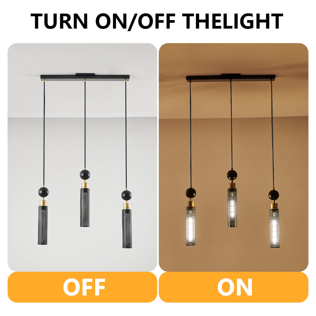Modern Black and Gold 3-Light Pendant Chandelier, Adjustable Hanging Lights with Cylindrical Mesh Shades, E26 Base, Ideal for Dining Room, Kitchen Island, or Living Room Lighting (Bulb Not Included)