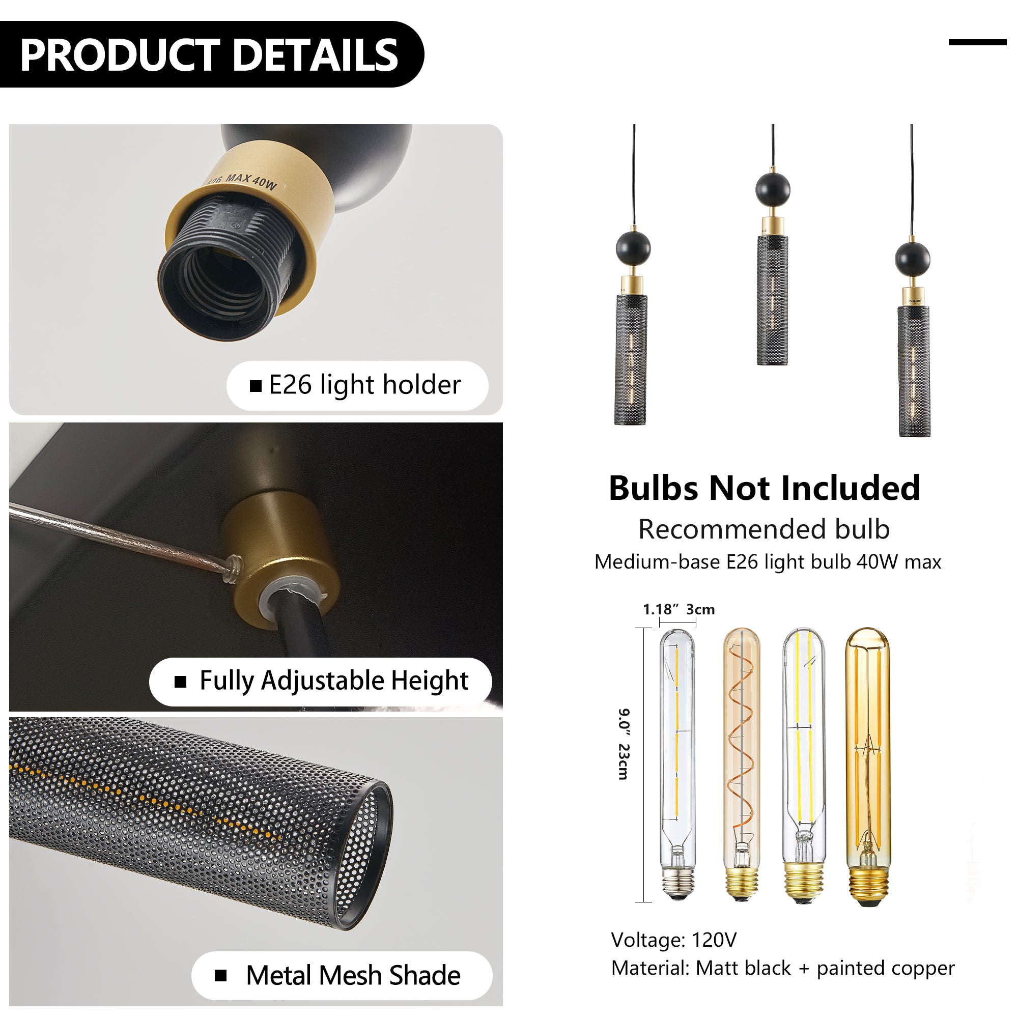 Modern Black and Gold 3-Light Pendant Chandelier, Adjustable Hanging Lights with Cylindrical Mesh Shades, E26 Base, Ideal for Dining Room, Kitchen Island, or Living Room Lighting (Bulb Not Included)