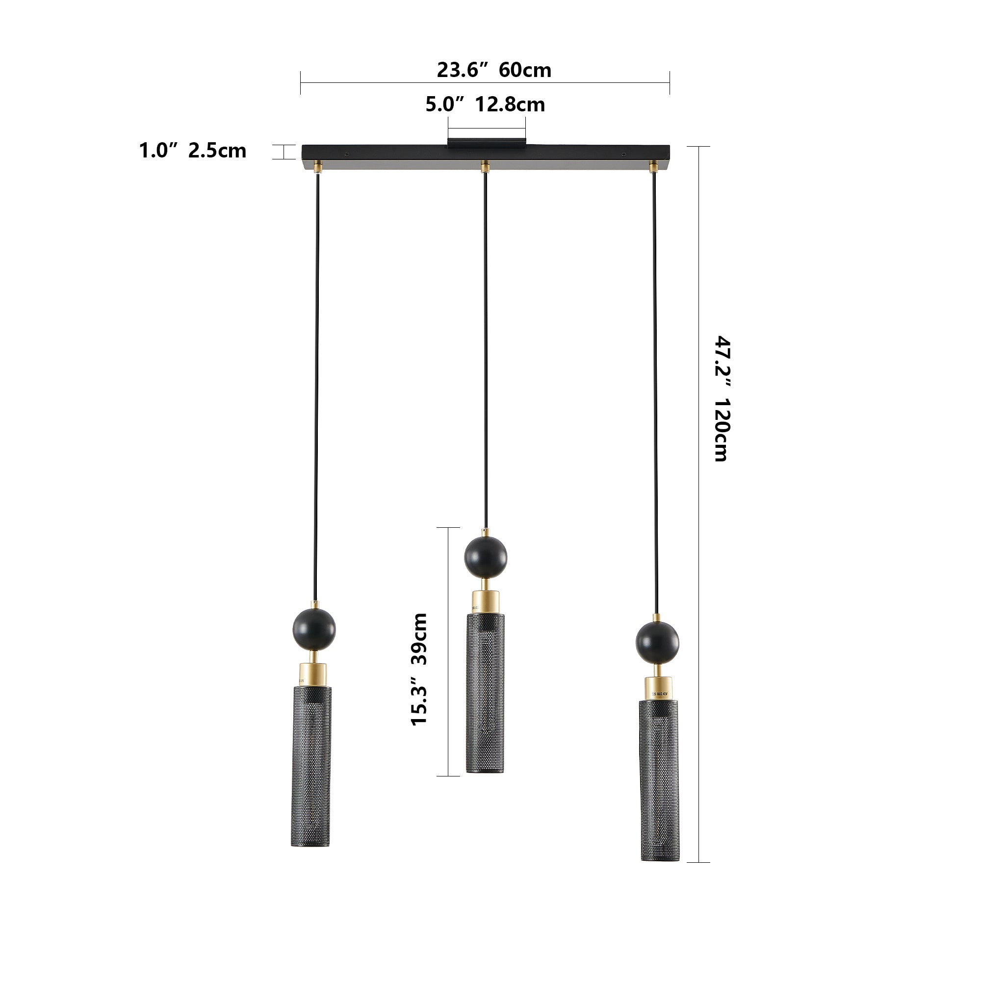 Modern Black and Gold 3-Light Pendant Chandelier, Adjustable Hanging Lights with Cylindrical Mesh Shades, E26 Base, Ideal for Dining Room, Kitchen Island, or Living Room Lighting (Bulb Not Included)