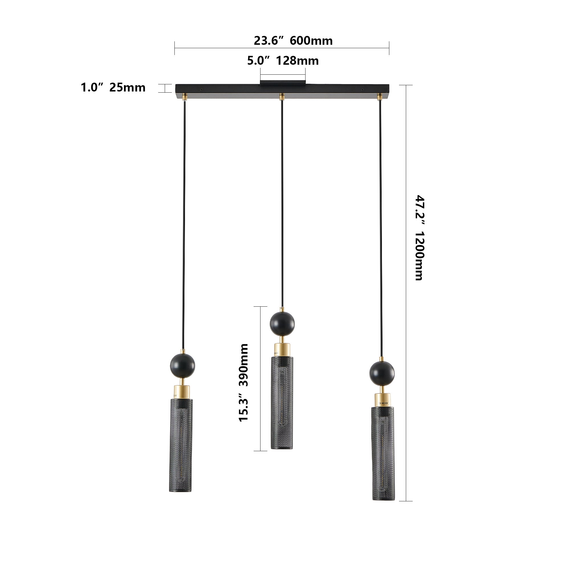 Modern Black and Gold 3-Light Pendant Chandelier, Adjustable Hanging Lights with Cylindrical Mesh Shades, E26 Base, Ideal for Dining Room, Kitchen Island, or Living Room Lighting (Bulb Not Included)