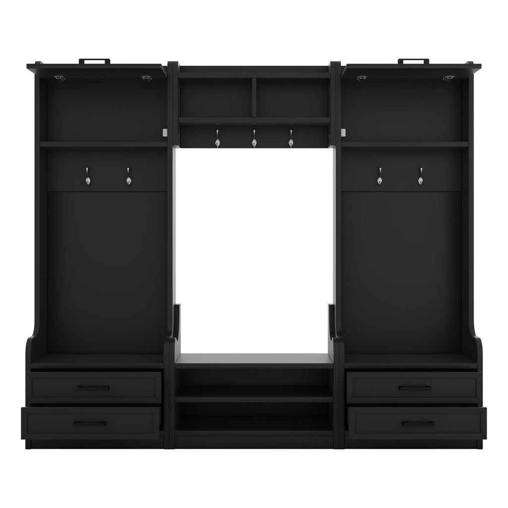 4-in-1 Detachable Hall Tree with Storage and 7 Hooks, Multiple Functions Hallway Coat Rack with Storage Drawers and Cabinet, Black Shoe Bench for Entryway Hallway