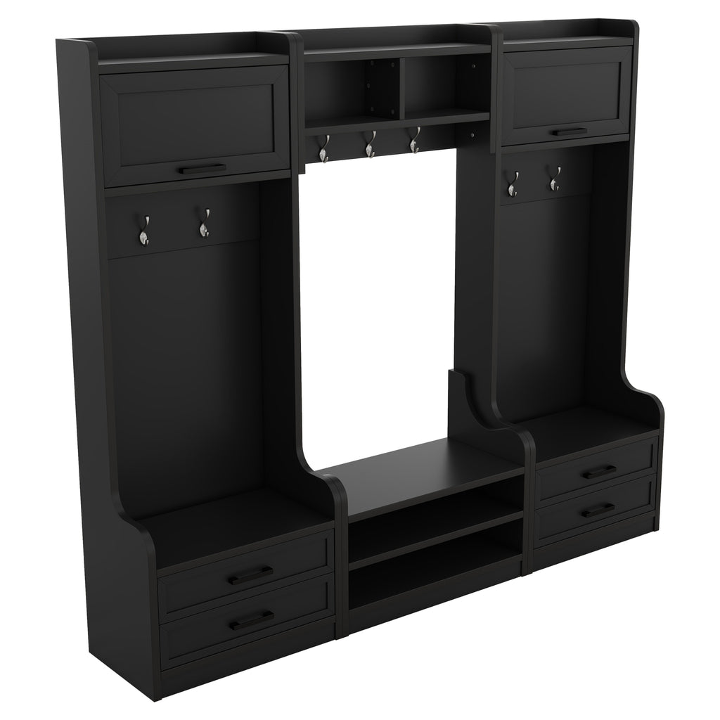 4-in-1 Detachable Hall Tree with Storage and 7 Hooks, Multiple Functions Hallway Coat Rack with Storage Drawers and Cabinet, Black Shoe Bench for Entryway Hallway