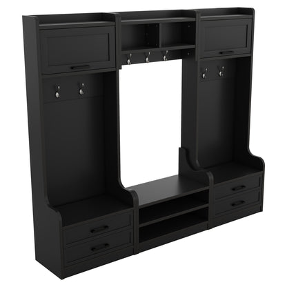 4-in-1 Detachable Hall Tree with Storage and 7 Hooks, Multiple Functions Hallway Coat Rack with Storage Drawers and Cabinet, Black Shoe Bench for Entryway Hallway