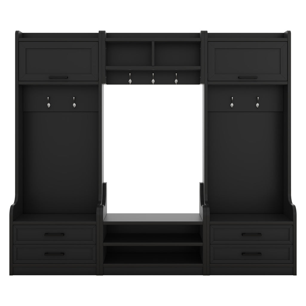 4-in-1 Detachable Hall Tree with Storage and 7 Hooks, Multiple Functions Hallway Coat Rack with Storage Drawers and Cabinet, Black Shoe Bench for Entryway Hallway