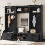 4-in-1 Detachable Hall Tree with Storage and 7 Hooks, Multiple Functions Hallway Coat Rack with Storage Drawers and Cabinet, Black Shoe Bench for Entryway Hallway