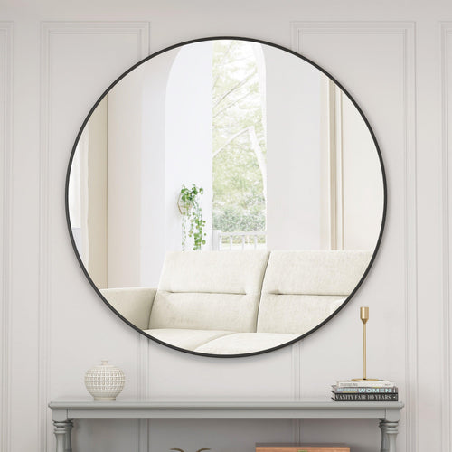 Elegant Black Metal Framed Round Wall Mirror 39 Inch.