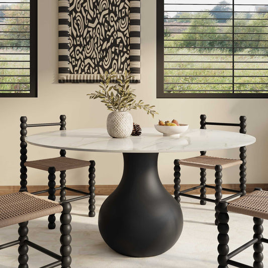 Chic Luxury Black Round Dining Kitchen 47' Table - White Grey With Vase-shaped Solid Wood Pedestal For 4