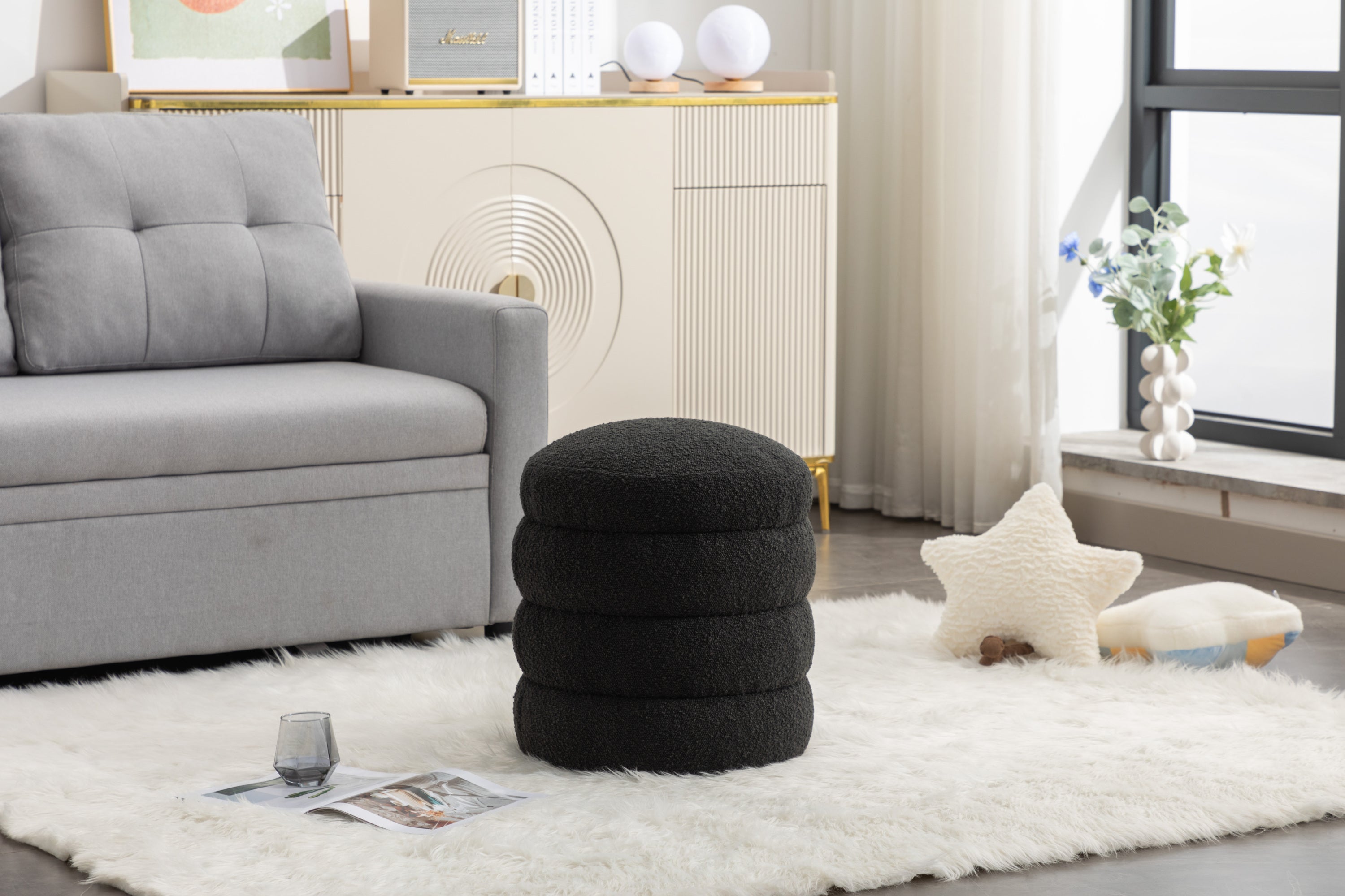 006-Soft Boucle  Round Ottoman Footrest Stool,Black