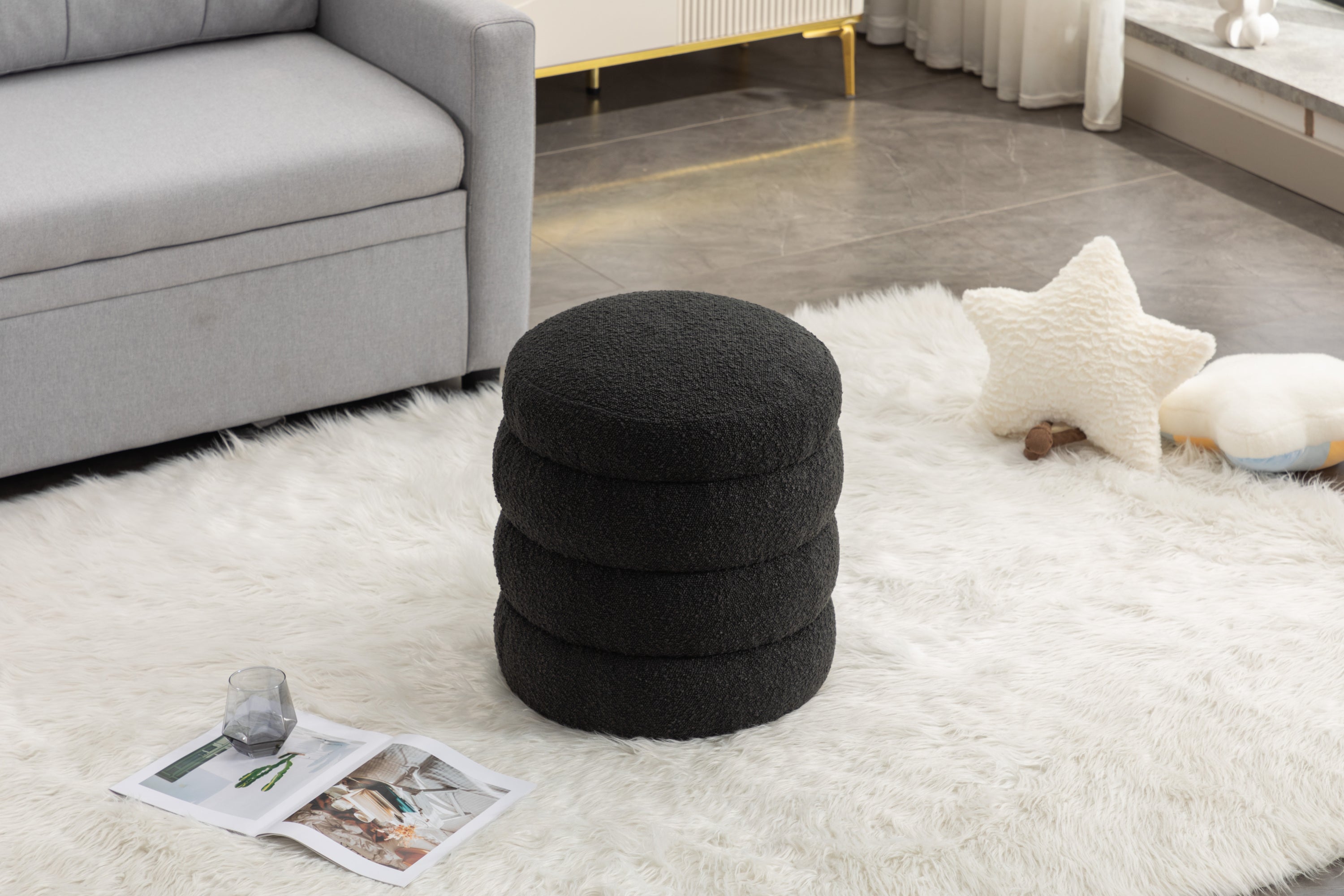 006-Soft Boucle  Round Ottoman Footrest Stool,Black