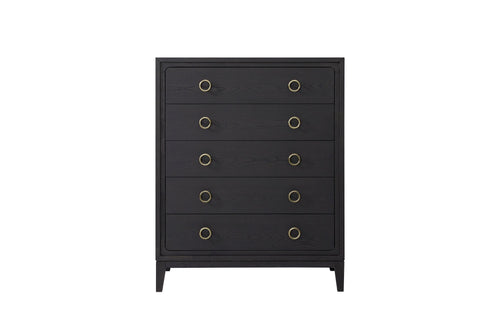 Elegant Black Solid Wood 5-Drawer Chest in Peppercorn Finish.