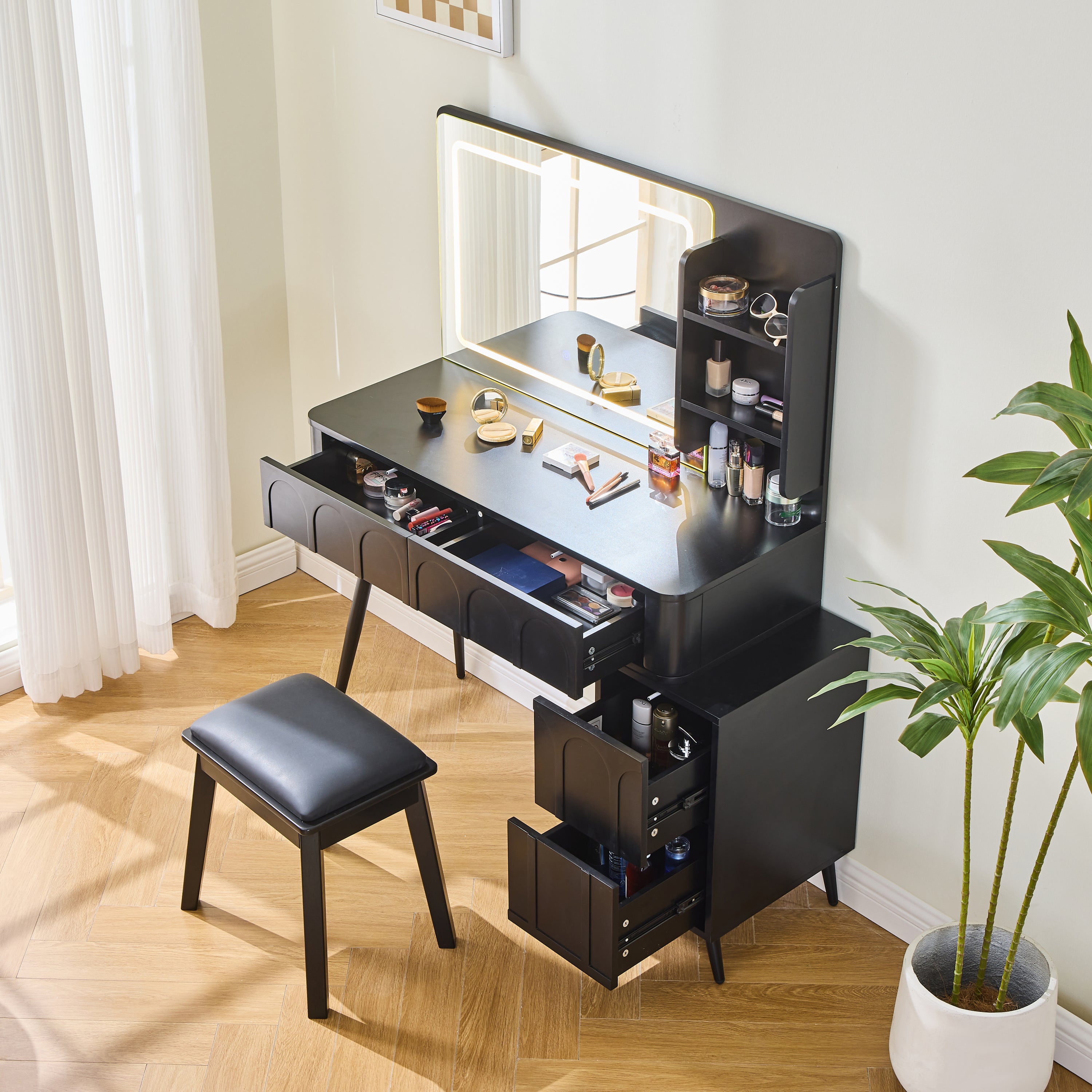 Modern Makeup Vanity Desk with LED Lights & Mirror, 4 Drawer Dressing Table Set with Stool, 3 Colors Dimmable Brightness, Space-Saving for Bedroom, Black