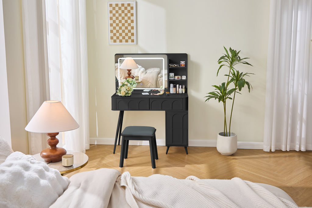 Modern Makeup Vanity Desk with LED Lights & Mirror, 4 Drawer Dressing Table Set with Stool, 3 Colors Dimmable Brightness, Space-Saving for Bedroom, Black