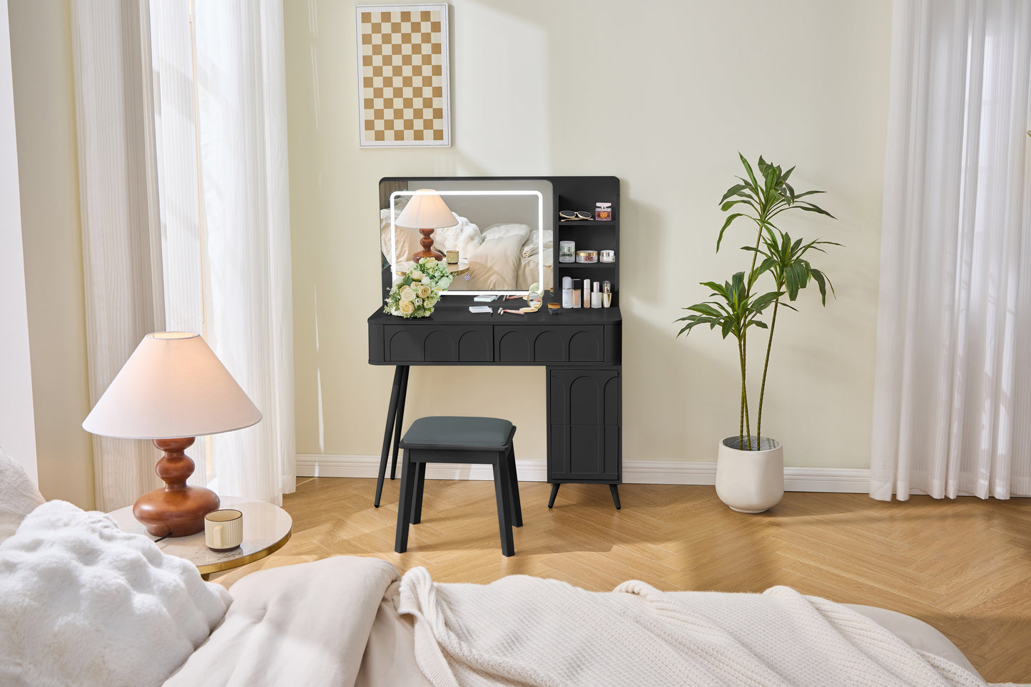 Modern Makeup Vanity Desk with LED Lights & Mirror, 4 Drawer Dressing Table Set with Stool, 3 Colors Dimmable Brightness, Space-Saving for Bedroom, Black
