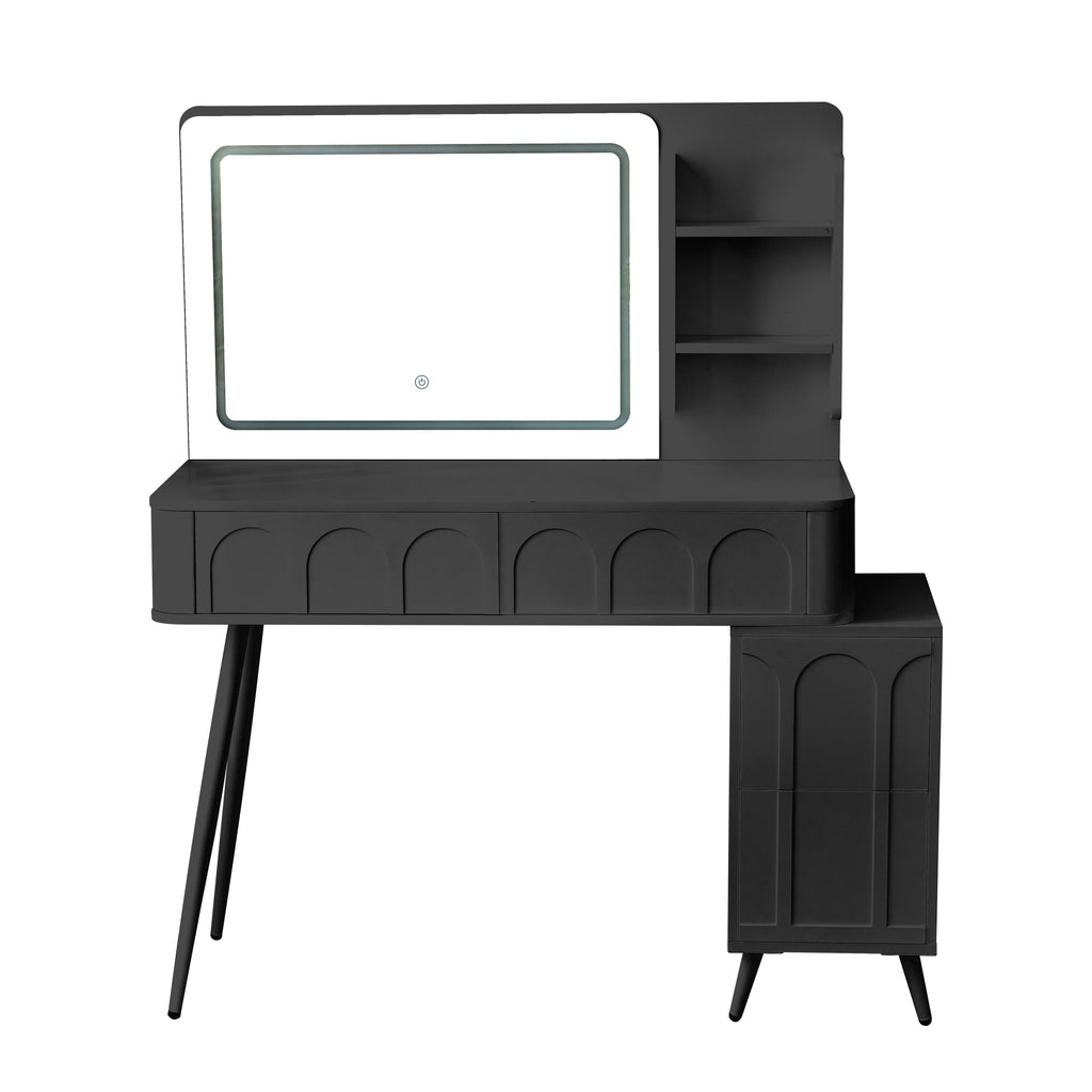 Modern Makeup Vanity Desk with LED Lights & Mirror, 4 Drawer Dressing Table Set with Stool, 3 Colors Dimmable Brightness, Space-Saving for Bedroom, Black