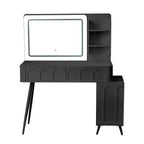 Modern Makeup Vanity Desk with LED Lights & Mirror, 4 Drawer Dressing Table Set with Stool, 3 Colors Dimmable Brightness, Space-Saving for Bedroom, Black