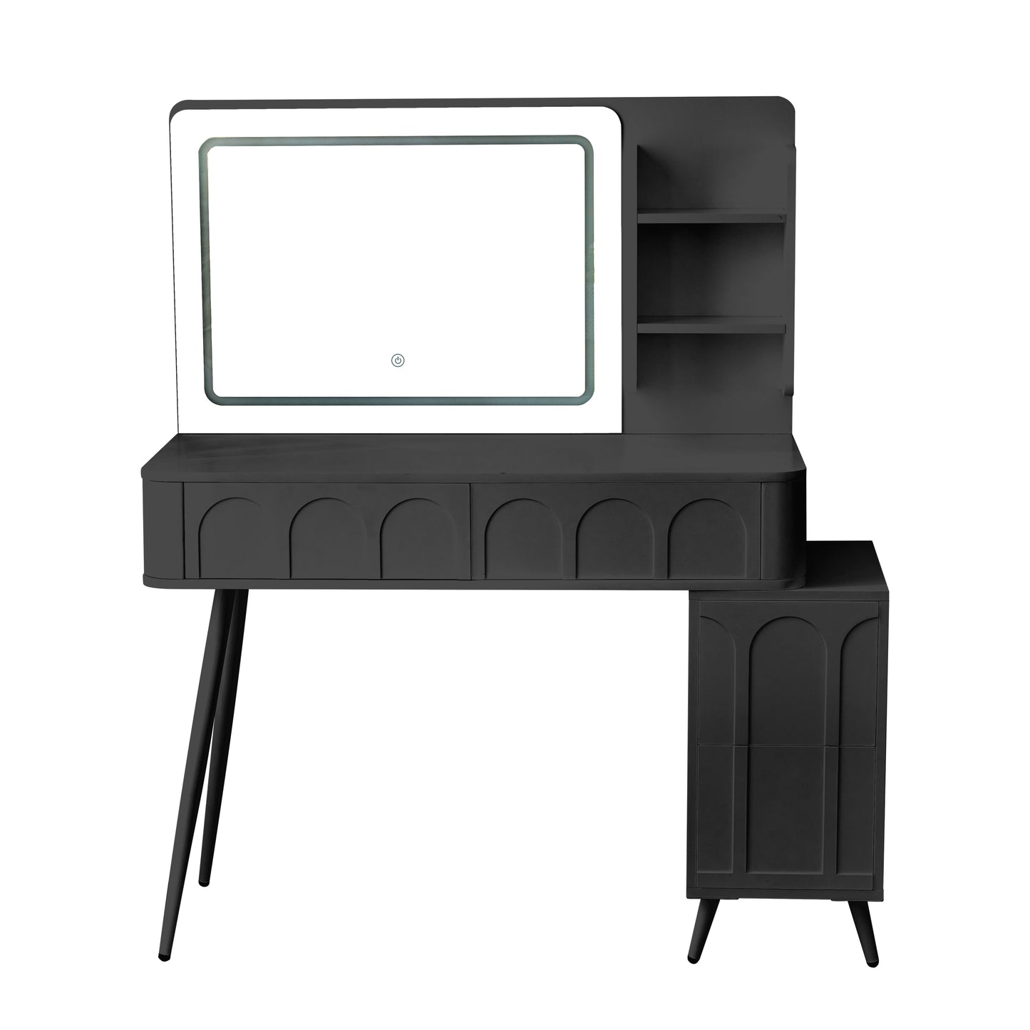 Modern Makeup Vanity Desk with LED Lights & Mirror, 4 Drawer Dressing Table Set with Stool, 3 Colors Dimmable Brightness, Space-Saving for Bedroom, Black