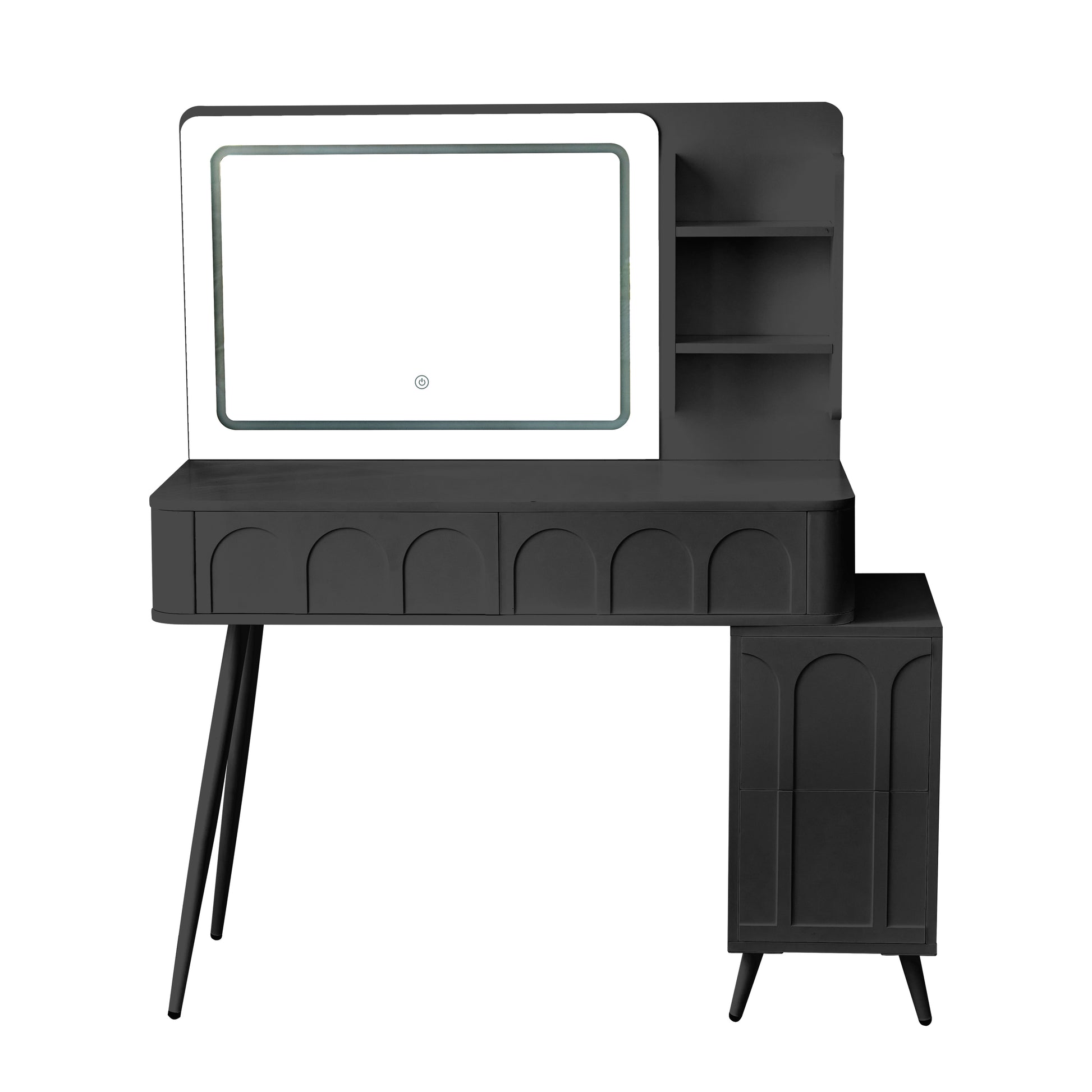Modern Makeup Vanity Desk with LED Lights & Mirror, 4 Drawer Dressing Table Set with Stool, 3 Colors Dimmable Brightness, Space-Saving for Bedroom, Black