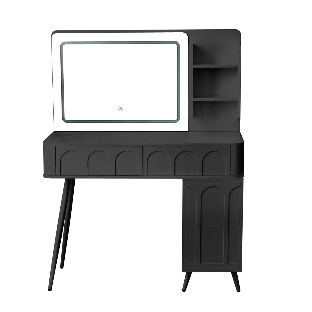 Modern Makeup Vanity Desk with LED Lights & Mirror, 4 Drawer Dressing Table Set with Stool, 3 Colors Dimmable Brightness, Space-Saving for Bedroom, Black