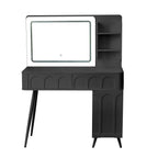 Modern Makeup Vanity Desk with LED Lights & Mirror, 4 Drawer Dressing Table Set with Stool, 3 Colors Dimmable Brightness, Space-Saving for Bedroom, Black