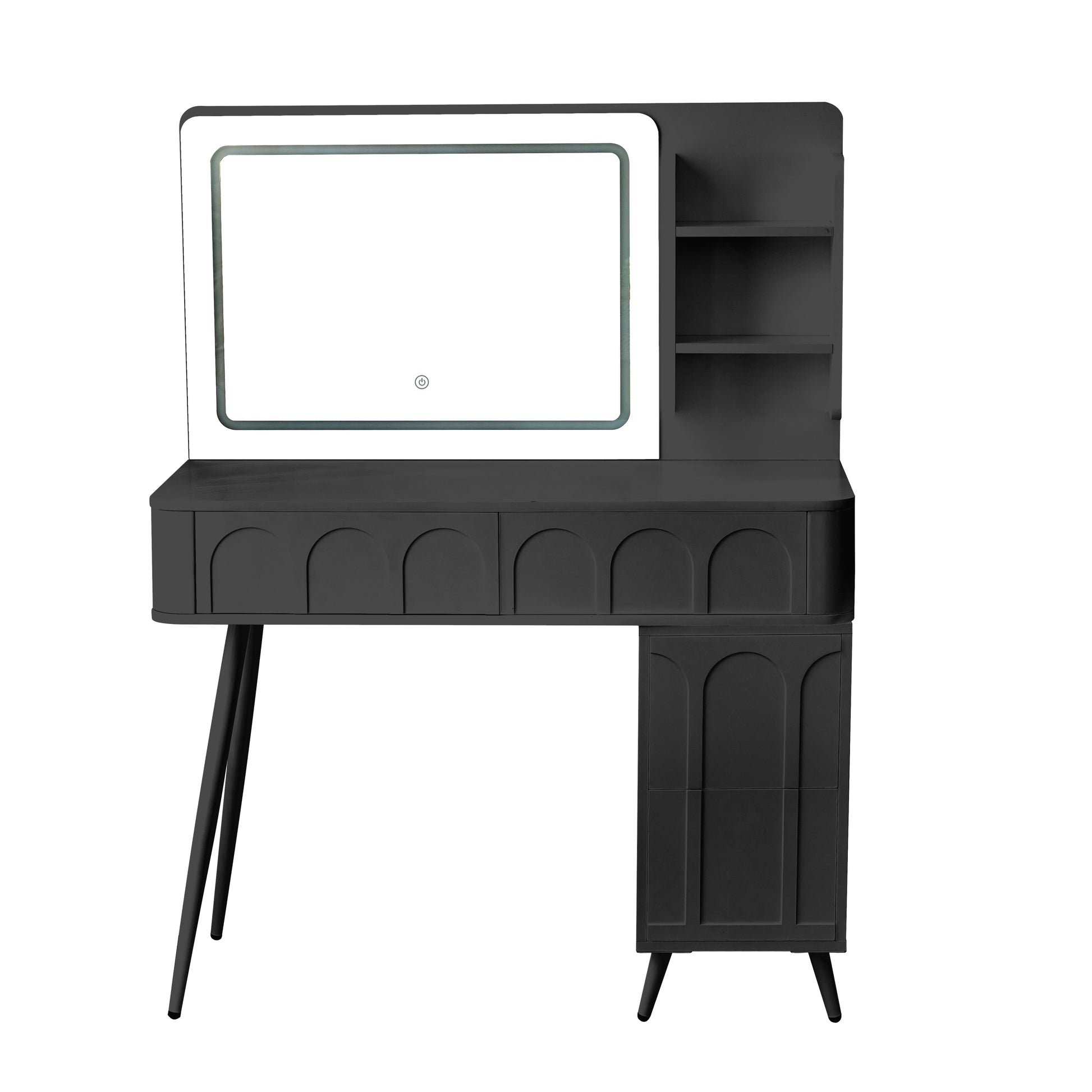 Modern Makeup Vanity Desk with LED Lights & Mirror, 4 Drawer Dressing Table Set with Stool, 3 Colors Dimmable Brightness, Space-Saving for Bedroom, Black