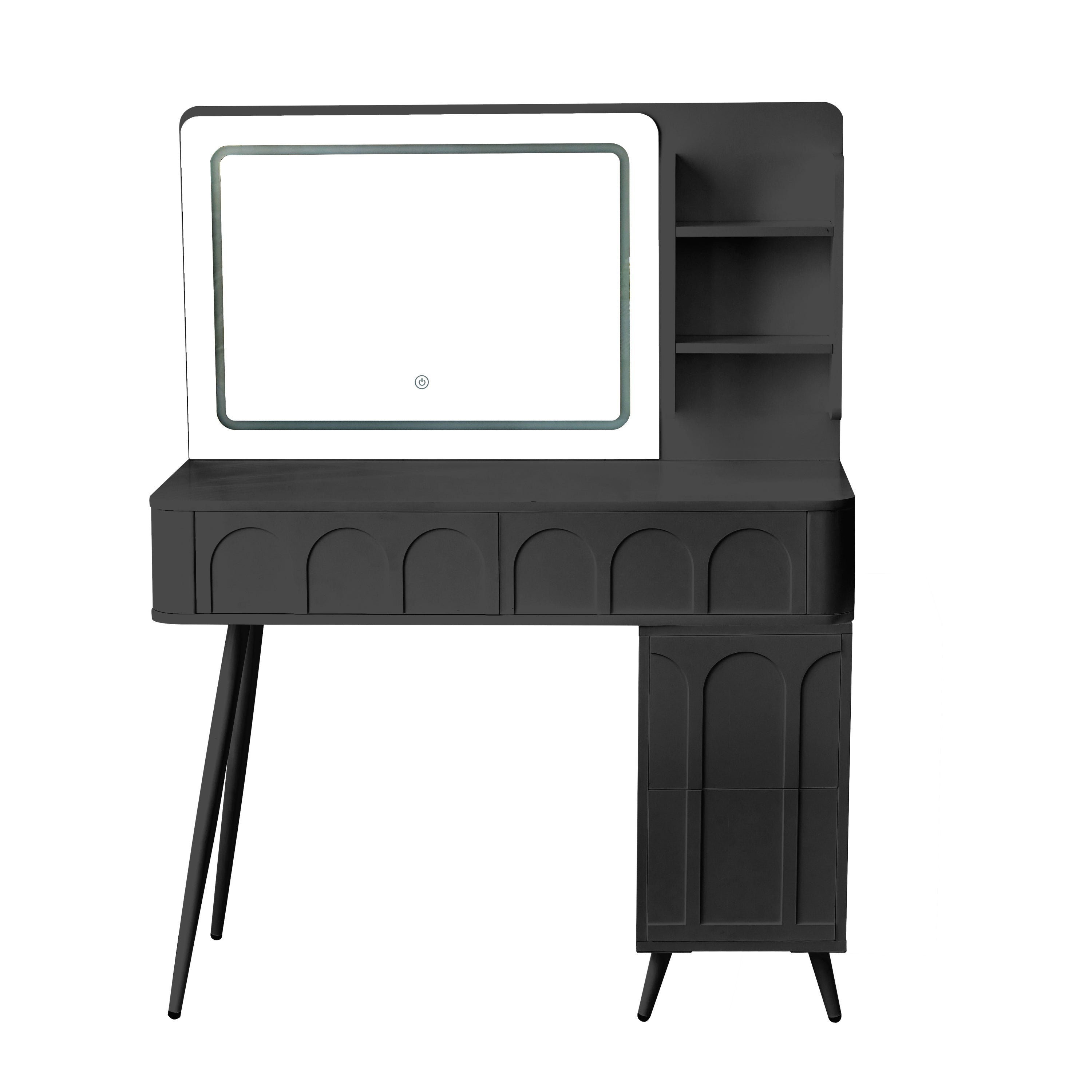 Modern Makeup Vanity Desk with LED Lights & Mirror, 4 Drawer Dressing Table Set with Stool, 3 Colors Dimmable Brightness, Space-Saving for Bedroom, Black