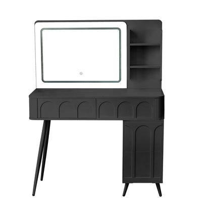 Modern Makeup Vanity Desk with LED Lights & Mirror, 4 Drawer Dressing Table Set with Stool, 3 Colors Dimmable Brightness, Space-Saving for Bedroom, Black