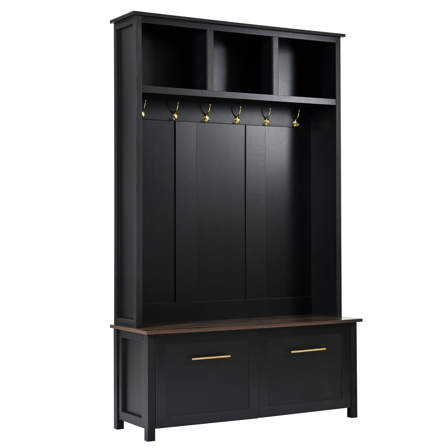ON-TREND Versatile 4-in-1 Hall Tree with 6 Golden Hooks, Wood Grain Bench with Multiple Storage Space, Entryway Coat Rack with 2 Drawers for Living Room, Hallway, Black, 76.6''H (OLD SKU:N721S000034B)