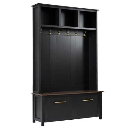 ON-TREND Versatile 4-in-1 Hall Tree with 6 Golden Hooks, Wood Grain Bench with Multiple Storage Space, Entryway Coat Rack with 2 Drawers for Living Room, Hallway, Black, 76.6''H (OLD SKU:N721S000034B)