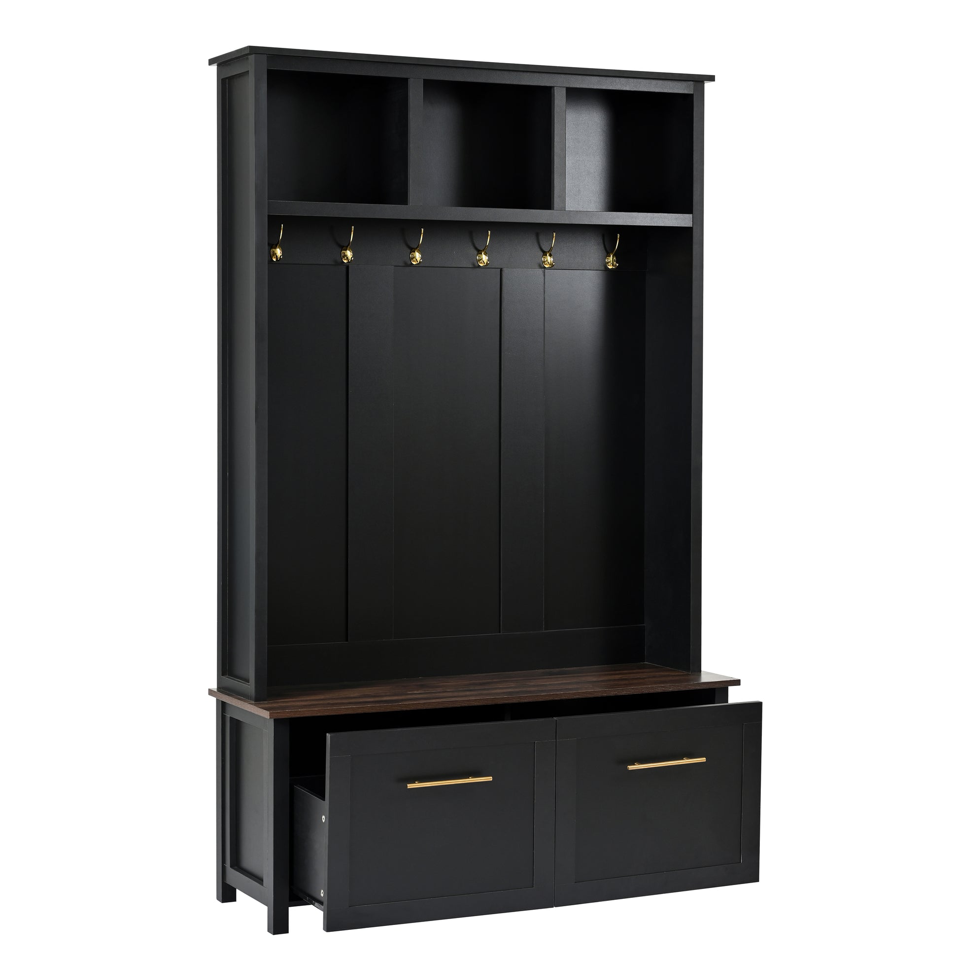 ON-TREND Versatile 4-in-1 Hall Tree with 6 Golden Hooks, Wood Grain Bench with Multiple Storage Space, Entryway Coat Rack with 2 Drawers for Living Room, Hallway, Black, 76.6''H (OLD SKU:N721S000034B)