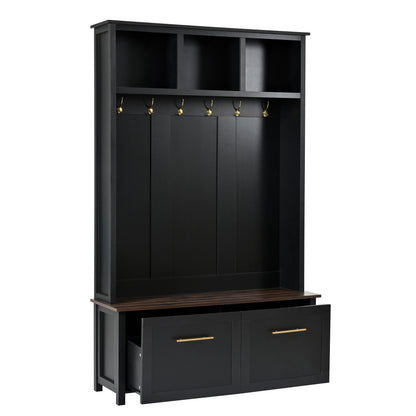 ON-TREND Versatile 4-in-1 Hall Tree with 6 Golden Hooks, Wood Grain Bench with Multiple Storage Space, Entryway Coat Rack with 2 Drawers for Living Room, Hallway, Black, 76.6''H (OLD SKU:N721S000034B)
