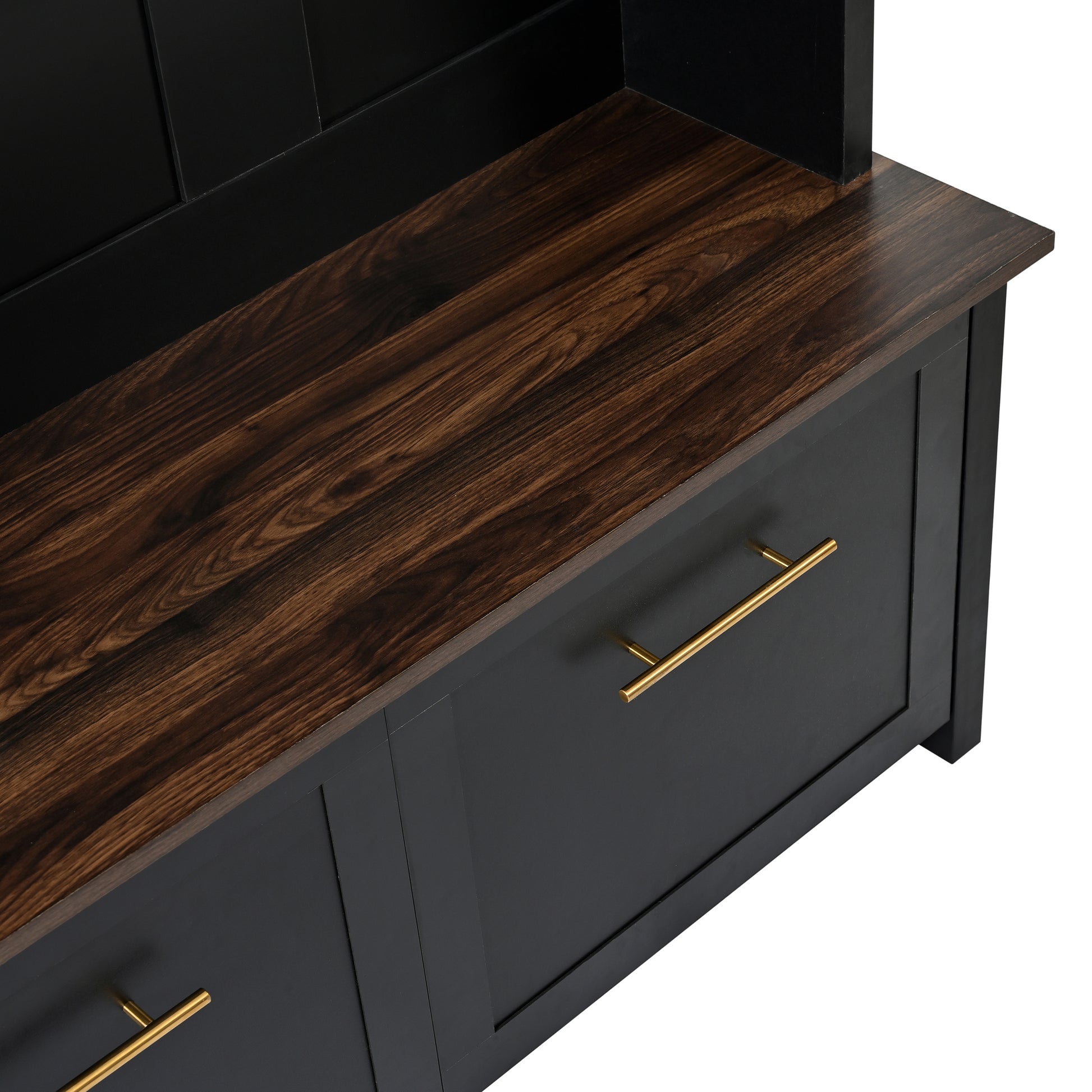 ON-TREND Versatile 4-in-1 Hall Tree with 6 Golden Hooks, Wood Grain Bench with Multiple Storage Space, Entryway Coat Rack with 2 Drawers for Living Room, Hallway, Black, 76.6''H (OLD SKU:N721S000034B)