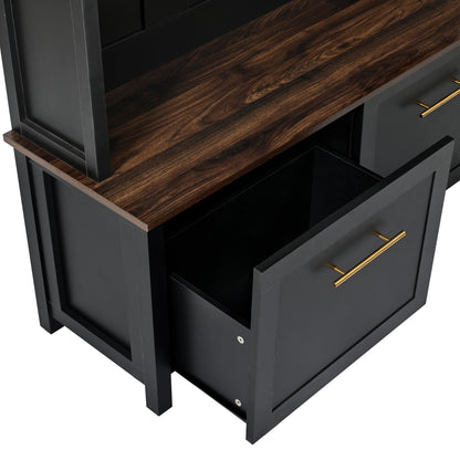 ON-TREND Versatile 4-in-1 Hall Tree with 6 Golden Hooks, Wood Grain Bench with Multiple Storage Space, Entryway Coat Rack with 2 Drawers for Living Room, Hallway, Black, 76.6''H (OLD SKU:N721S000034B)