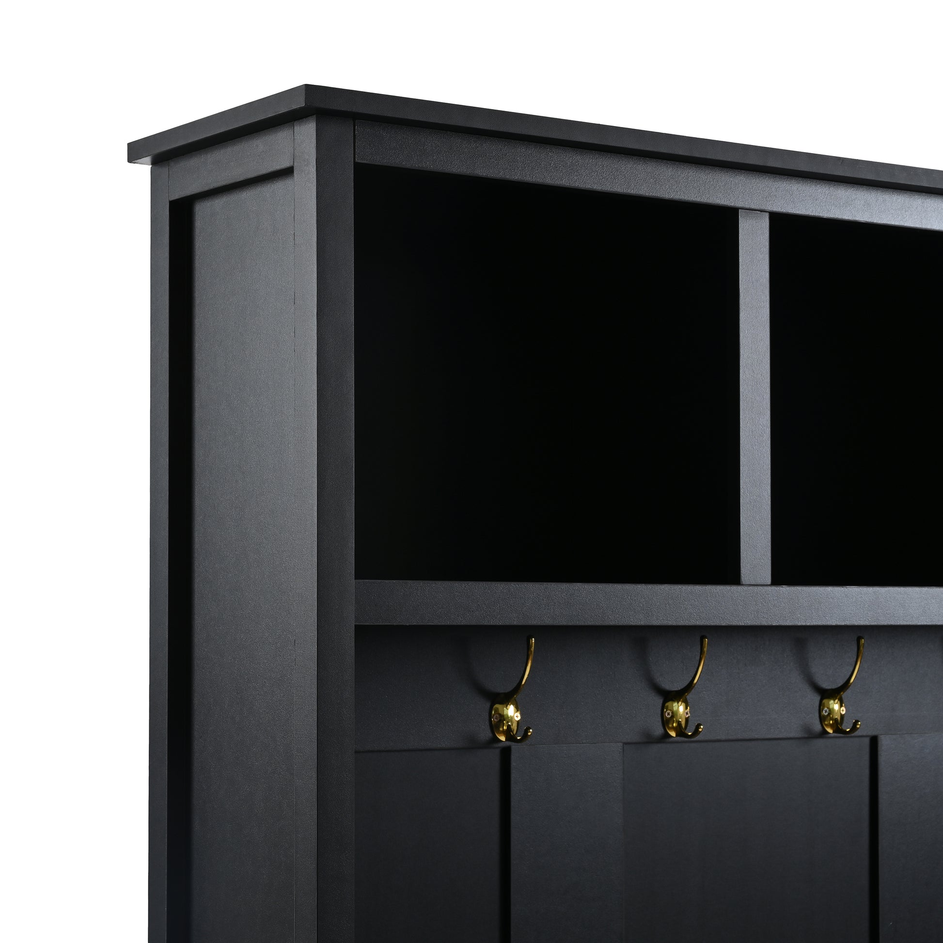 ON-TREND Versatile 4-in-1 Hall Tree with 6 Golden Hooks, Wood Grain Bench with Multiple Storage Space, Entryway Coat Rack with 2 Drawers for Living Room, Hallway, Black, 76.6''H (OLD SKU:N721S000034B)