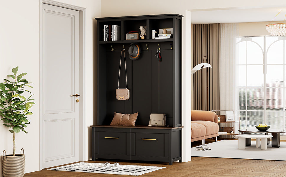 ON-TREND Versatile 4-in-1 Hall Tree with 6 Golden Hooks, Wood Grain Bench with Multiple Storage Space, Entryway Coat Rack with 2 Drawers for Living Room, Hallway, Black, 76.6''H (OLD SKU:N721S000034B)