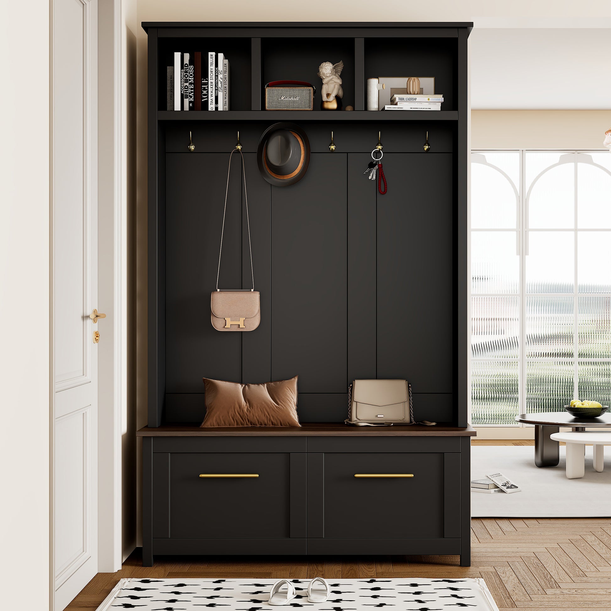 ON-TREND Versatile 4-in-1 Hall Tree with 6 Golden Hooks, Wood Grain Bench with Multiple Storage Space, Entryway Coat Rack with 2 Drawers for Living Room, Hallway, Black, 76.6''H (OLD SKU:N721S000034B)