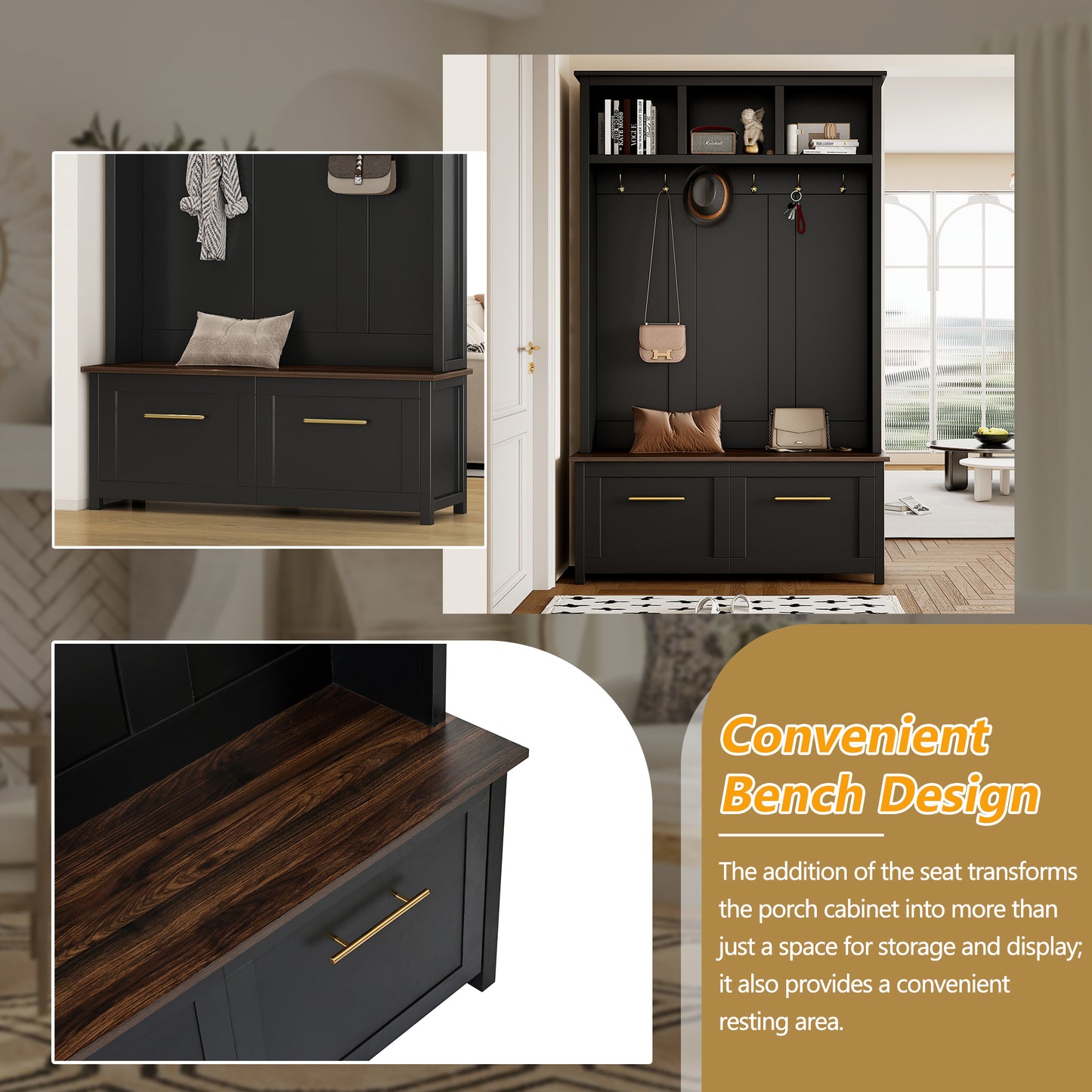 ON-TREND Versatile 4-in-1 Hall Tree with 6 Golden Hooks, Wood Grain Bench with Multiple Storage Space, Entryway Coat Rack with 2 Drawers for Living Room, Hallway, Black, 76.6''H (OLD SKU:N721S000034B)
