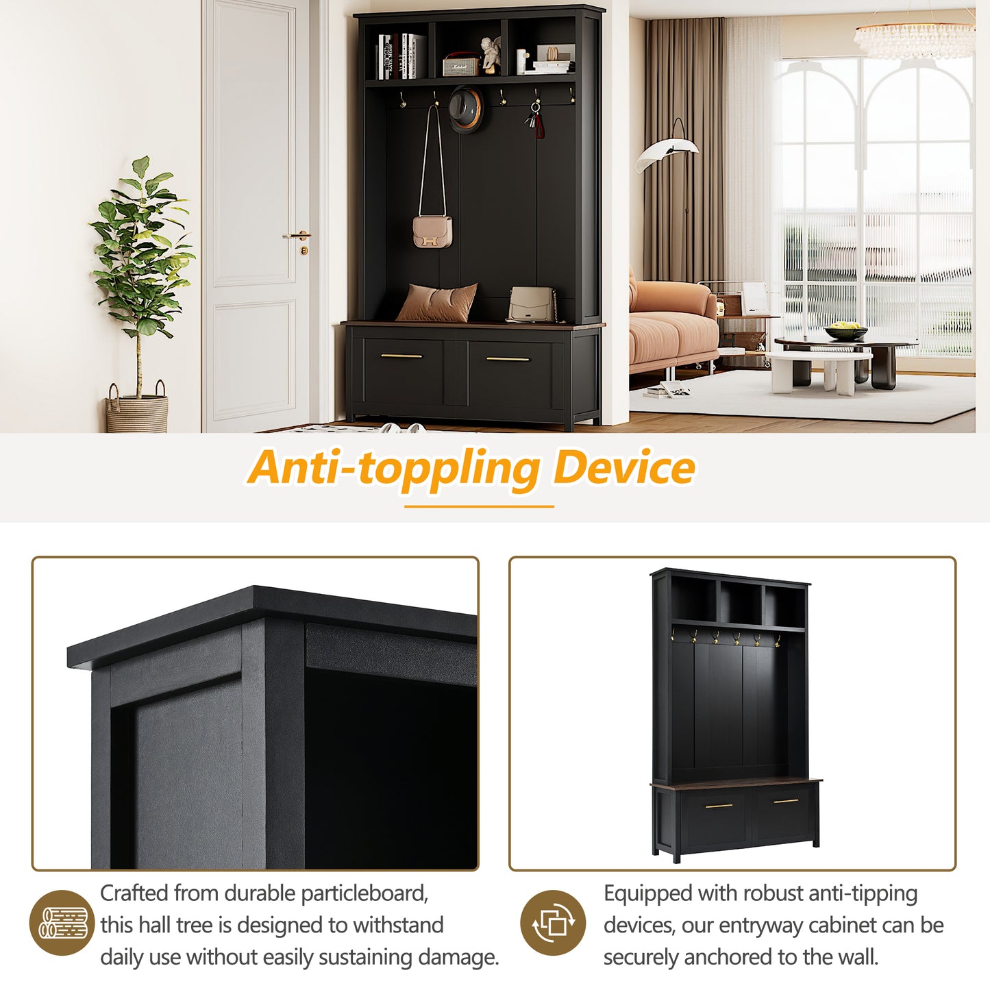 ON-TREND Versatile 4-in-1 Hall Tree with 6 Golden Hooks, Wood Grain Bench with Multiple Storage Space, Entryway Coat Rack with 2 Drawers for Living Room, Hallway, Black, 76.6''H (OLD SKU:N721S000034B)