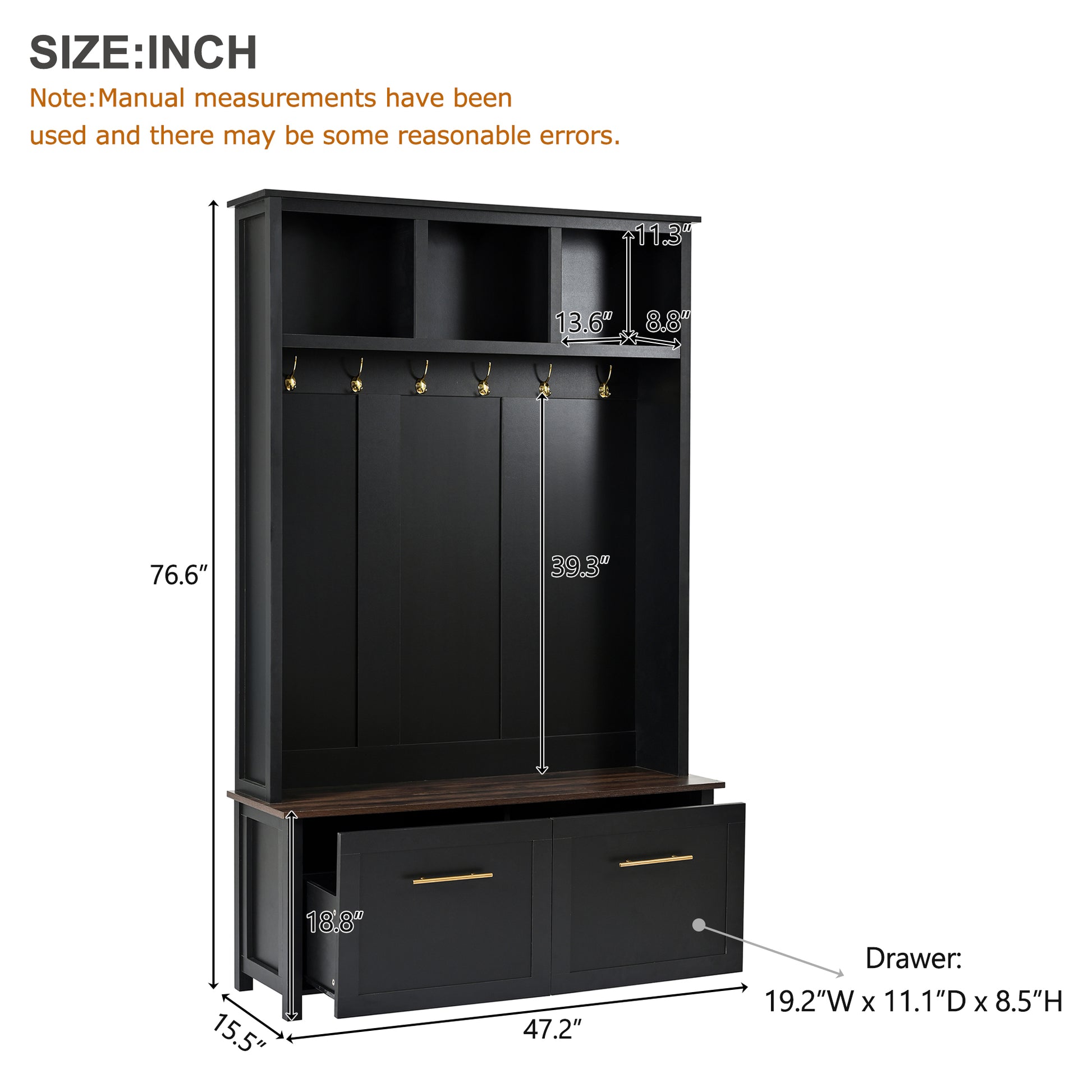 ON-TREND Versatile 4-in-1 Hall Tree with 6 Golden Hooks, Wood Grain Bench with Multiple Storage Space, Entryway Coat Rack with 2 Drawers for Living Room, Hallway, Black, 76.6''H (OLD SKU:N721S000034B)