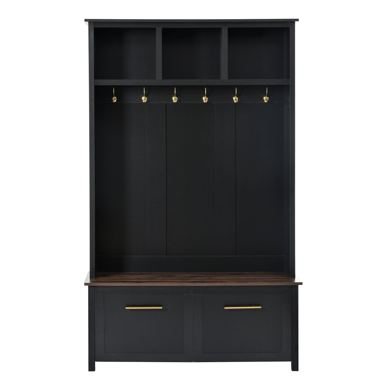 ON-TREND Versatile 4-in-1 Hall Tree with 6 Golden Hooks, Wood Grain Bench with Multiple Storage Space, Entryway Coat Rack with 2 Drawers for Living Room, Hallway, Black, 76.6''H (OLD SKU:N721S000034B)