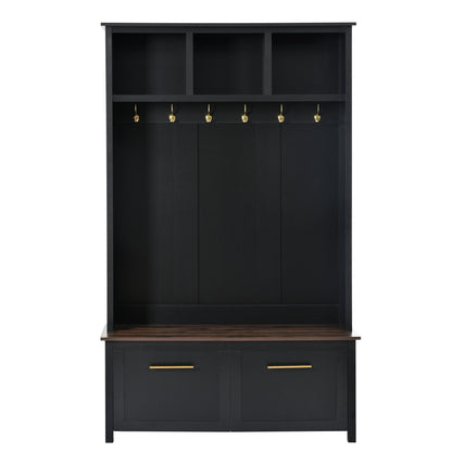 ON-TREND Versatile 4-in-1 Hall Tree with 6 Golden Hooks, Wood Grain Bench with Multiple Storage Space, Entryway Coat Rack with 2 Drawers for Living Room, Hallway, Black, 76.6''H (OLD SKU:N721S000034B)