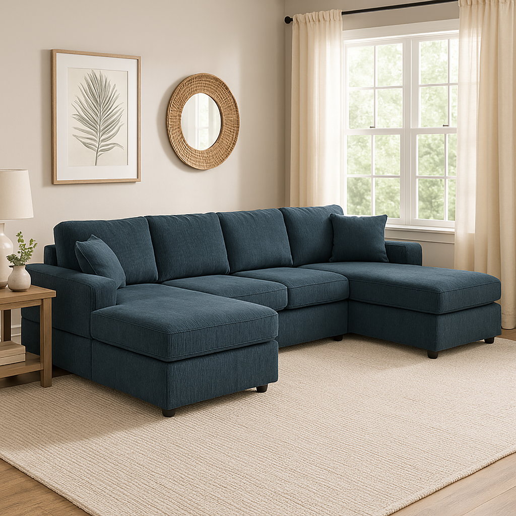 3-Piece Corduroy Double-Chaise Sectional Sofa – Blue