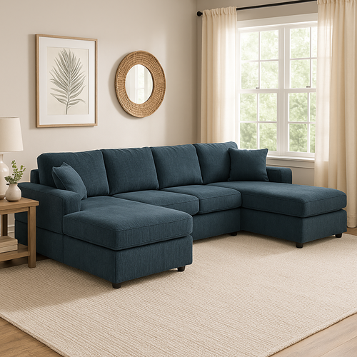 Elegant Blue Corduroy 3-Piece Double-Chaise Sectional Sofa.