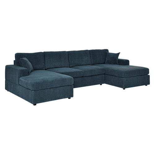 Elegant Blue Corduroy 3-Piece Double-Chaise Sectional Sofa.