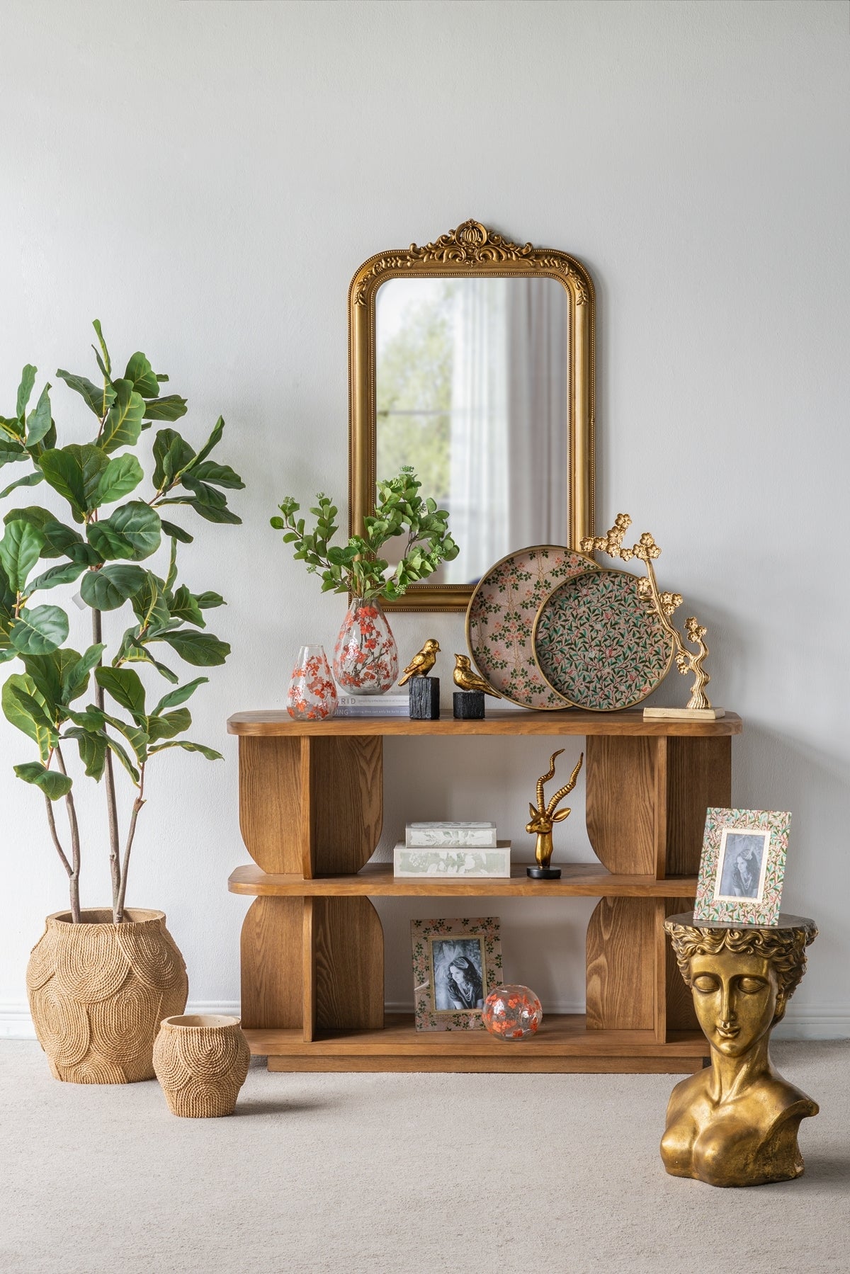 47x15x32.5' Three-Tiered Wooden Shelf with Brown Ash Veneer Finish Bookshelf