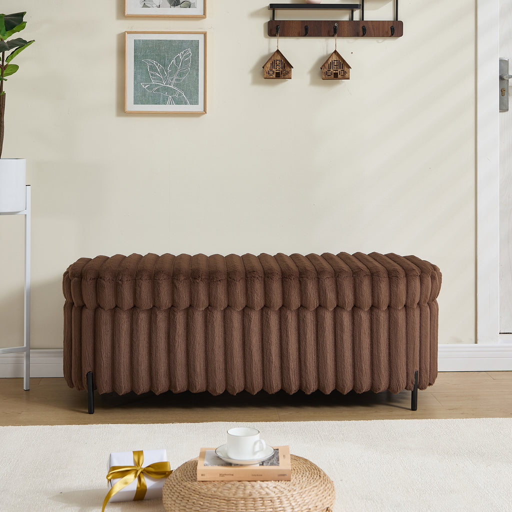 49.2' Wide Faux Fur Flip Top Storage Bench with Black Metal Legs, Bed End Stool Foot Rest for Living Room Entryway Dorm Bedroom,Brown