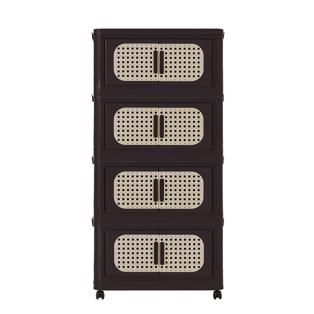 Retro Brown, 20' Side Wide Folding Storage Cabinet ,4 Tiers,19.69'×11.81'×40.55',Collapsible Storage Bins with Magnetic Door, Plastic Storage Cabinet with Wheels