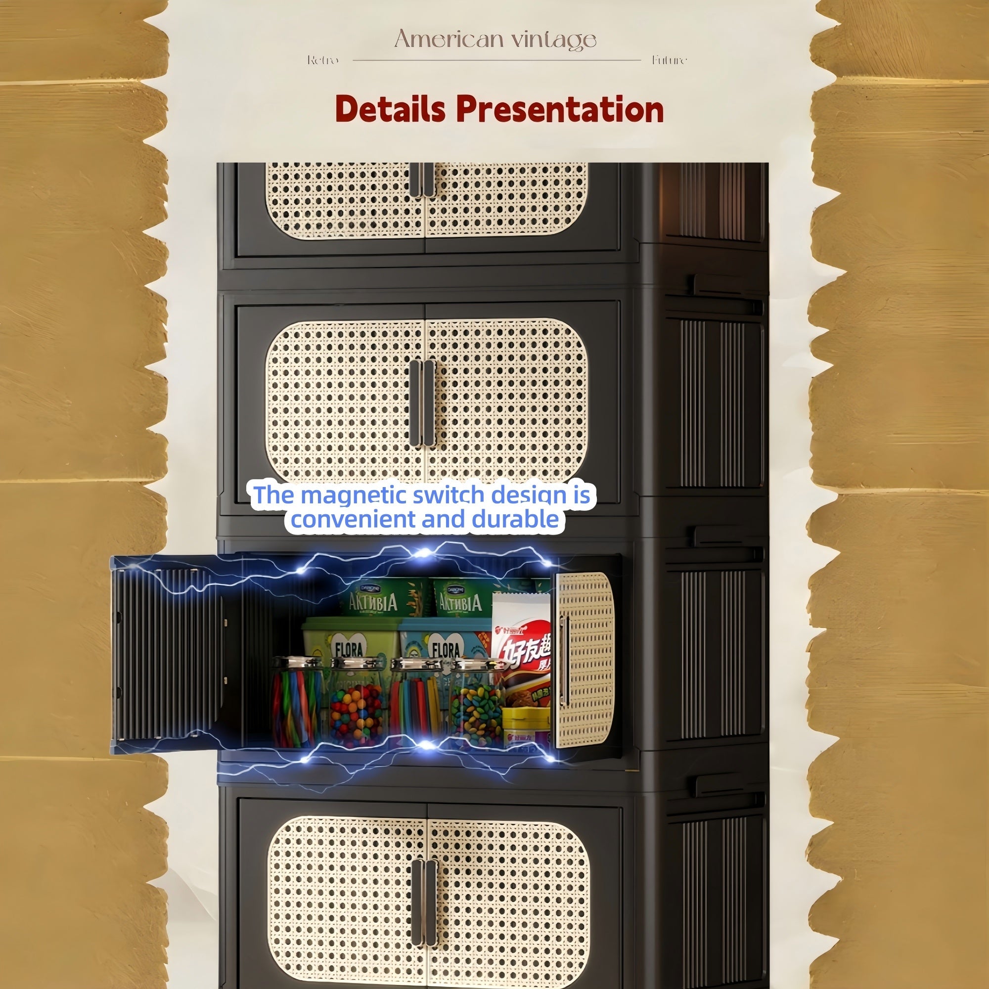 Retro Brown, 20' Side Wide Folding Storage Cabinet ,4 Tiers,19.69'×11.81'×40.55',Collapsible Storage Bins with Magnetic Door, Plastic Storage Cabinet with Wheels