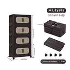 Retro Brown, 20' Side Wide Folding Storage Cabinet ,4 Tiers,19.69'×11.81'×40.55',Collapsible Storage Bins with Magnetic Door, Plastic Storage Cabinet with Wheels